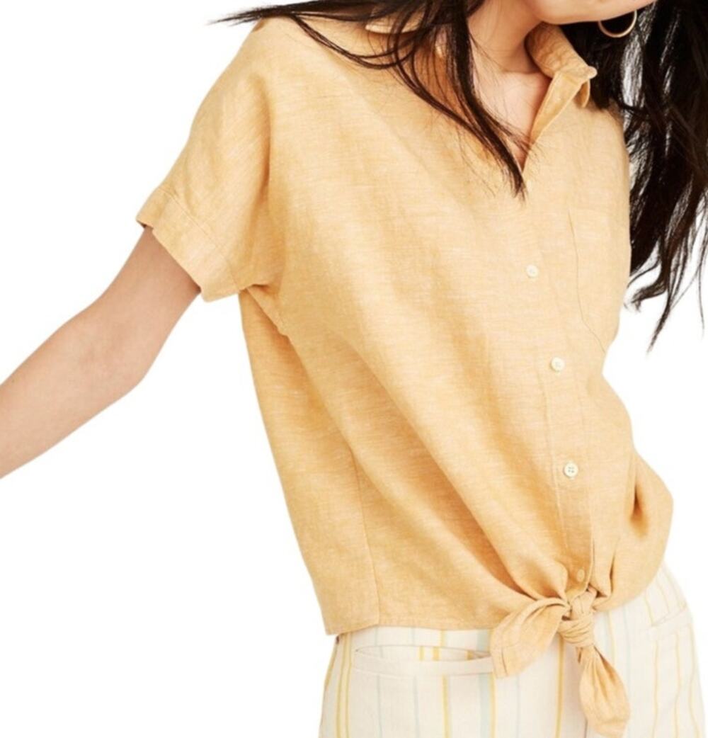 Madewell Short Sleeve Tie Front Linen Button Down Top Pocket Cropped Yellow XXS